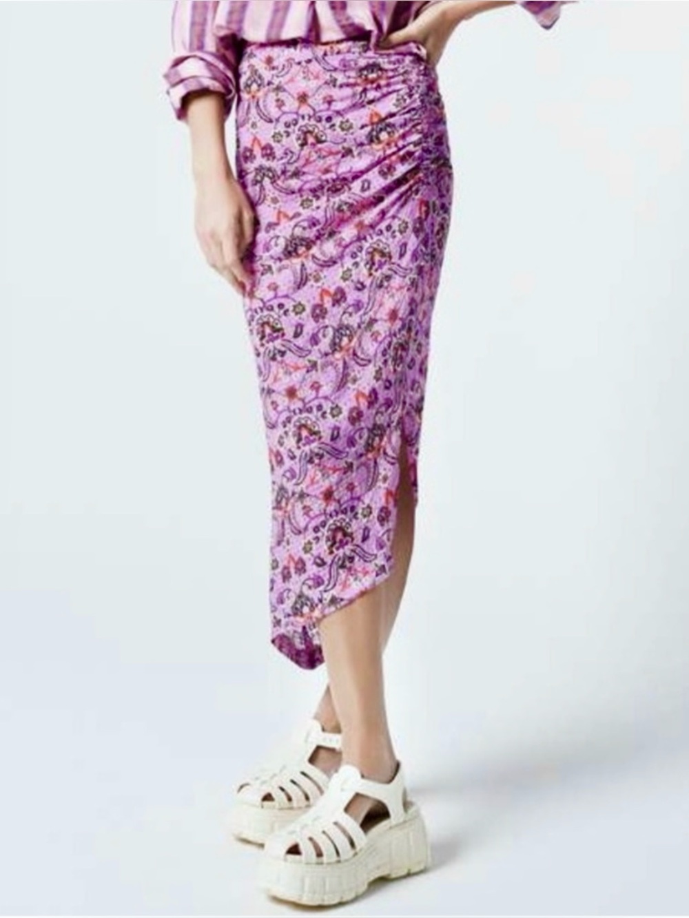 SMYTHE | Floral Ruched Asymmetric Midi Skirt in Violet Bandana, Size 8 (fits 6)